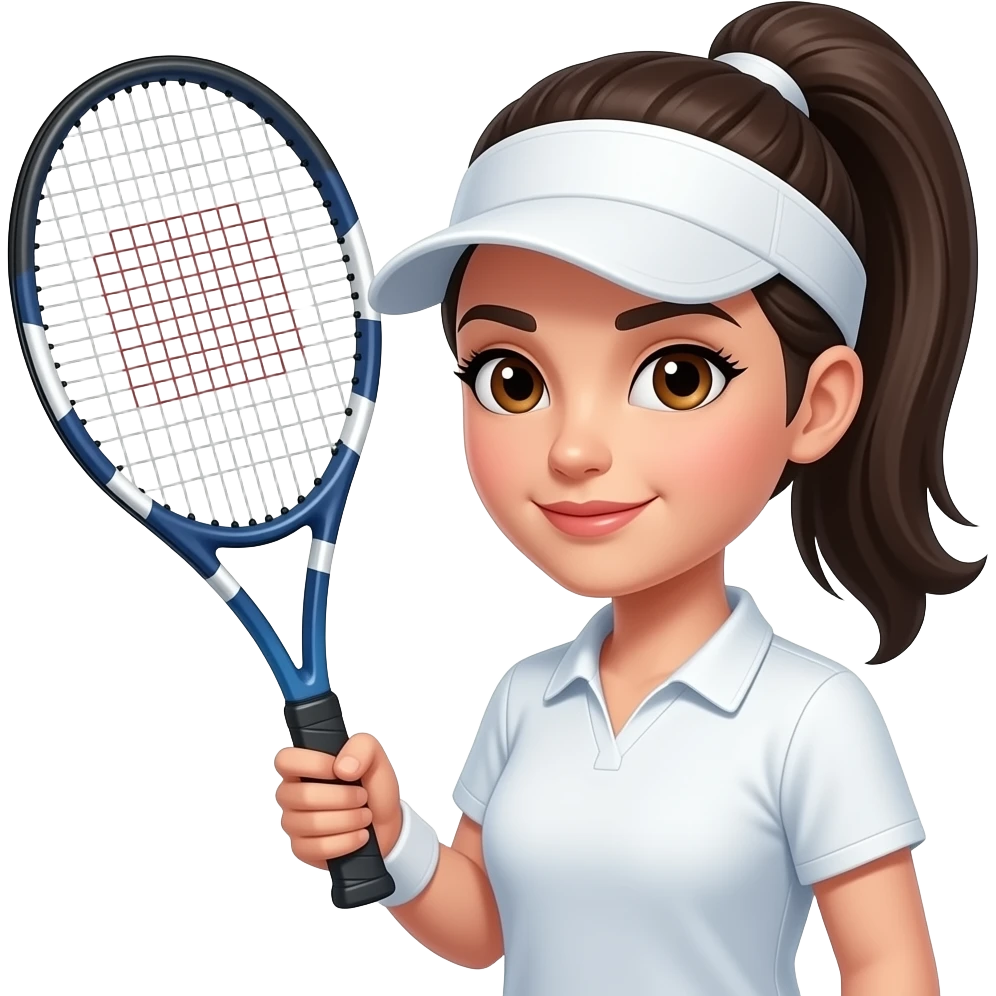 Dark pony tail, visor. Bigger Tennis racket, brown eyes emoji