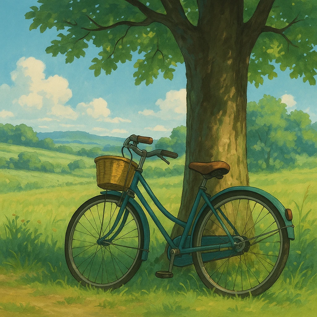 bicycle leaning against a tree, ghibli style emoji