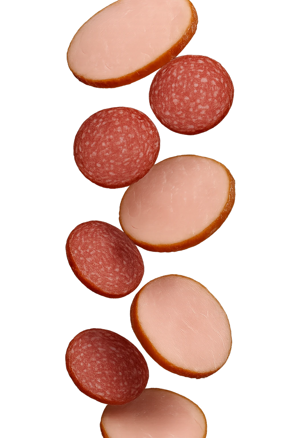 fettine di prosciutto cotto e di salame fluttuano in aria verticalmente, IPERREALISTICA 4K emoji