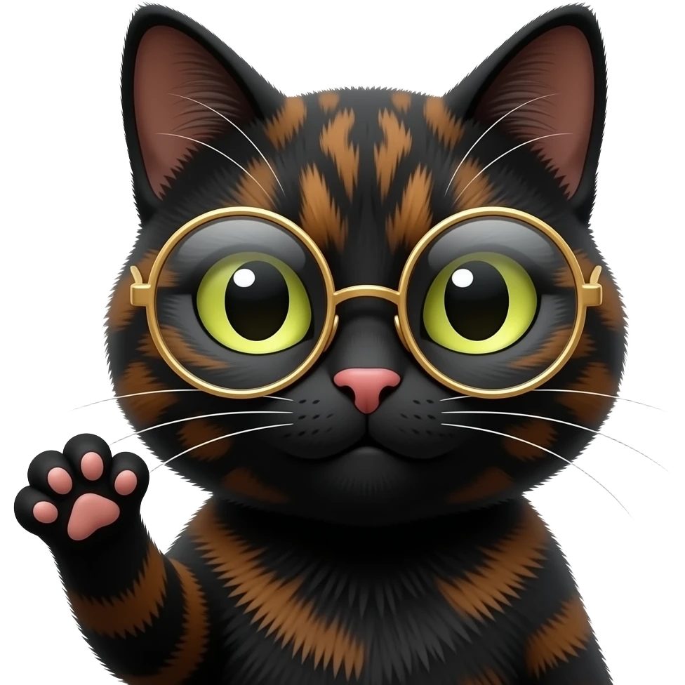 A mostly black Tortoiseshell cat face and paw, no body. Cat has a sneaky smirk expression. Cat has round gold glassed and on paw up. Only face and cat paw. emoji