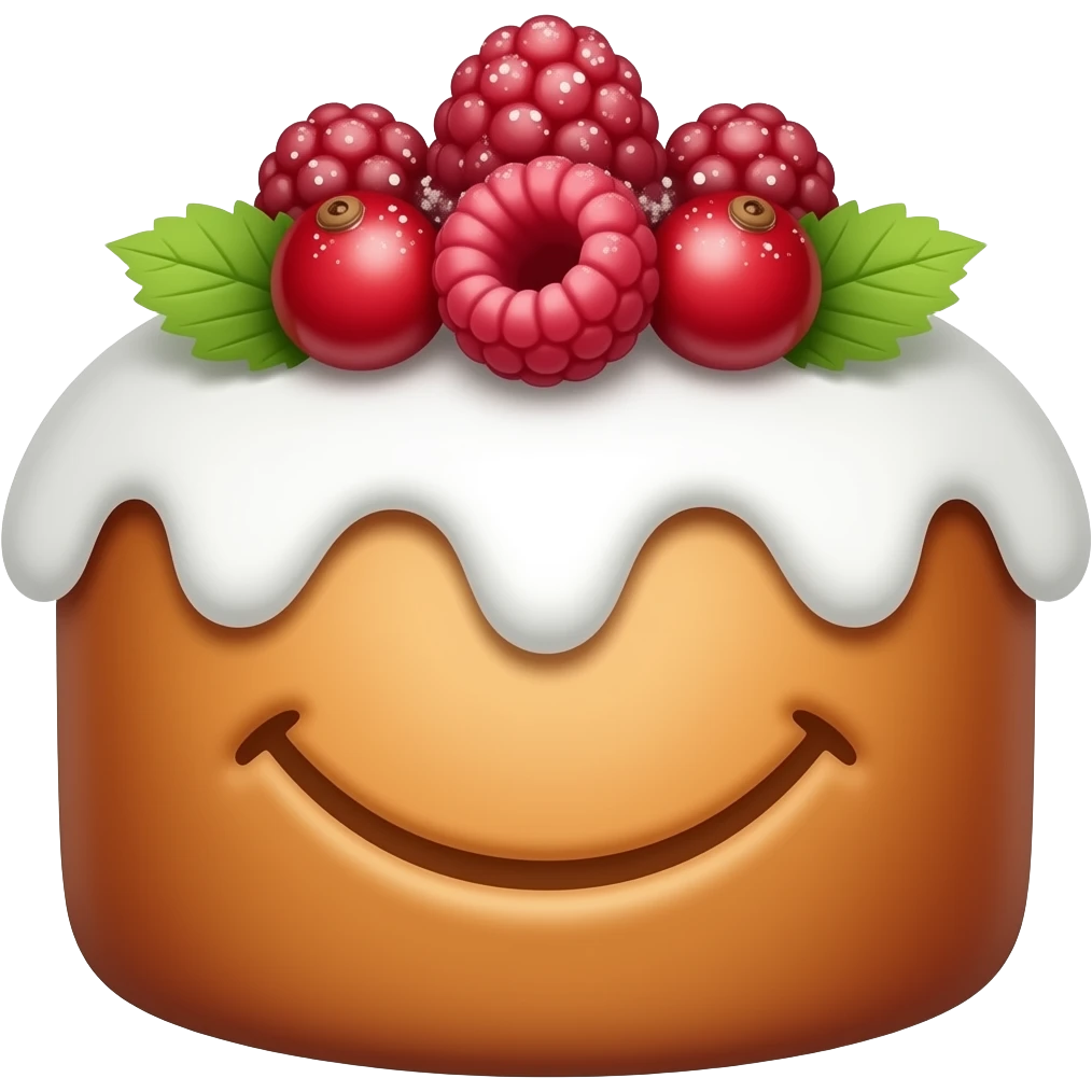 Улыбыющийся панеттоне с белой глазурью и украшением сверху из ягод малины, грозди смородины красной, зелеными лепестками, белой посыпкой emoji