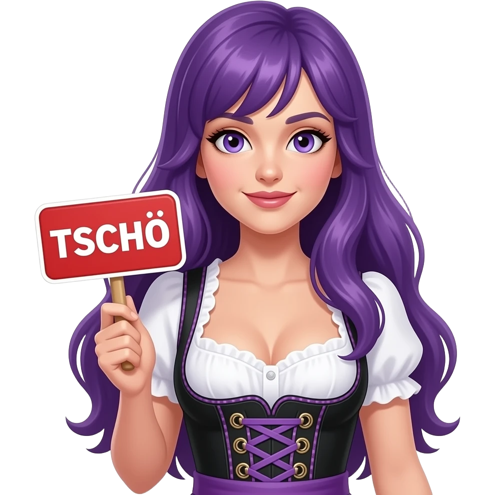 sexy girl with long purple hair and purple eyes wearing a dirndl holding a TSCHÖ sign emoji