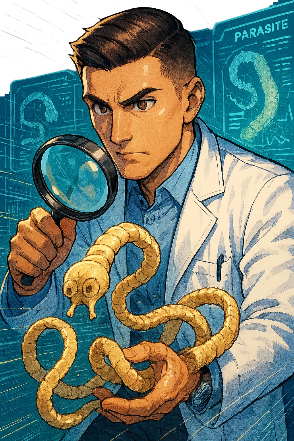 A dynamic manga/webtoon-style illustration of a young male kinesiologist wearing a clean white lab coat, analyzing light beige worms like a tapeworm under a magnifying glass. His expression is focused and slightly intrigued, with sharp, detailed eyes. The art style is vibrant, with bold linework, rich colors, and dramatic lighting. The background is a futuristic laboratory with glowing holographic screens displaying parasite data. The tapeworm is intricately drawn, slimy and segmented, with a slightly exaggerated yet realistic texture. The composition is dynamic, with motion lines or energy effects to emphasize his scientific investigation. The atmosphere is intense but not dark, keeping a balance between scientific seriousness and stylish manga aesthetics emoji