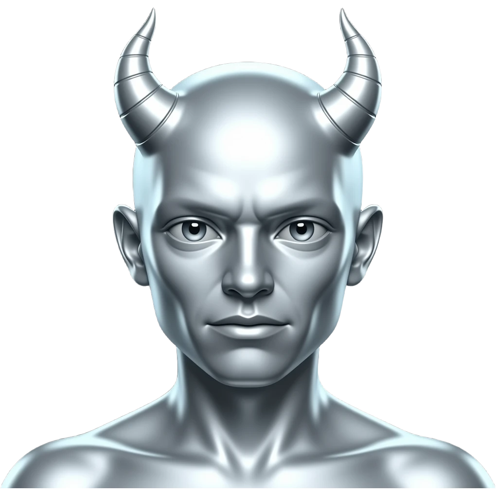 Silver demon, black background, high contrast, mostly monochrome, minimalist futuristic design, metallic texture, smooth surface, smooth texture with soft neon hues, smooth, futuristic, minimalist emoji