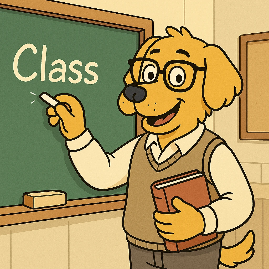 dog teacher in front of a classroom, writing on a chalkboard, wearing a vest and glasses, playful style, cartoonish and vibrant emoji