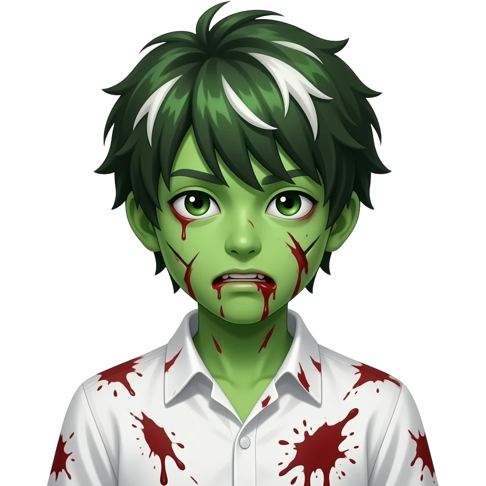 garoto zumbi japonês pele verde com cabelo com luzes brancas e com uma camisa branca com sangue emoji