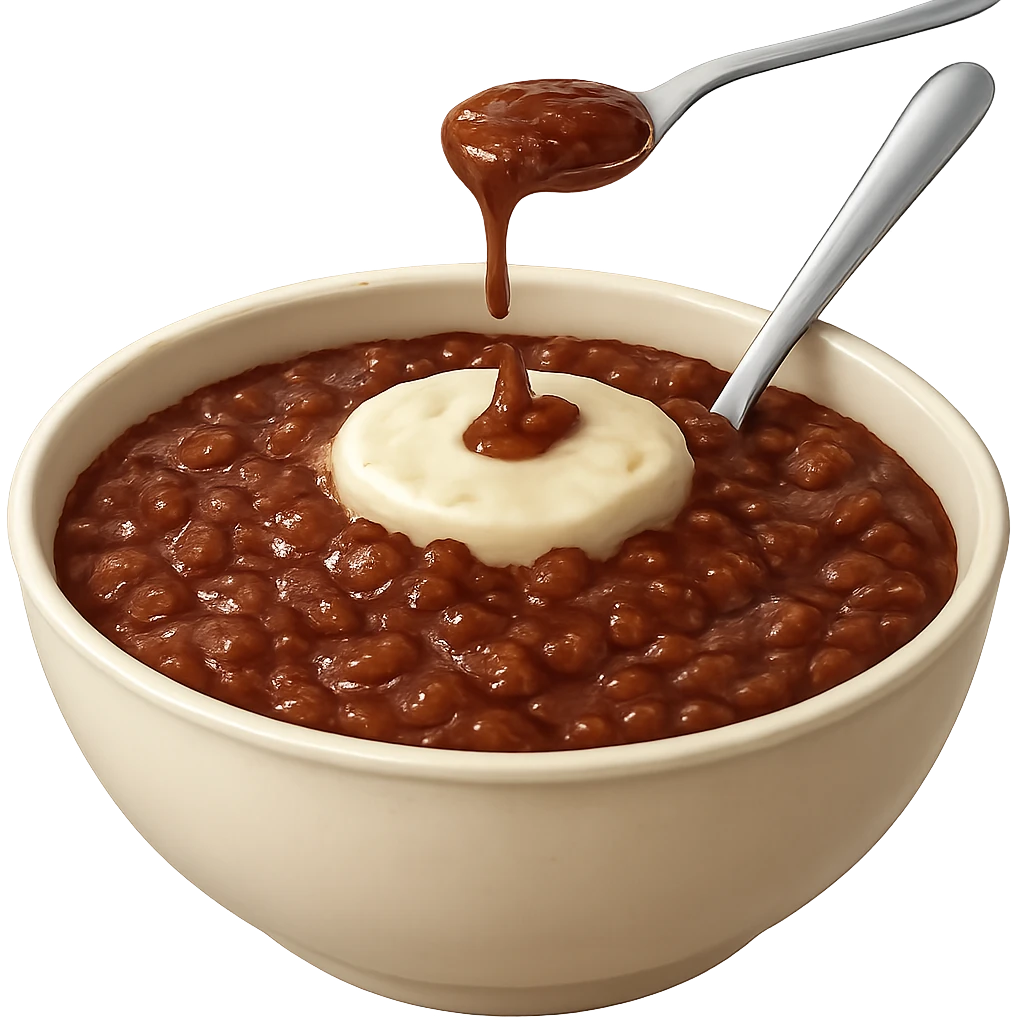 Make the champorado look like chocolate mixed with congee, with visible rice grains in a thick, glossy chocolate porridge, realistic texture, appetizing and true-to-life, keep the background transparent. Realistic and detailed food texture. emoji