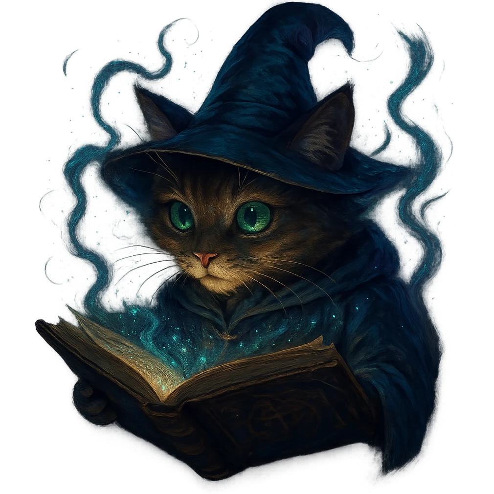 wizard cat reading a spellbook with a mystical vibe, magical fantasy style emoji