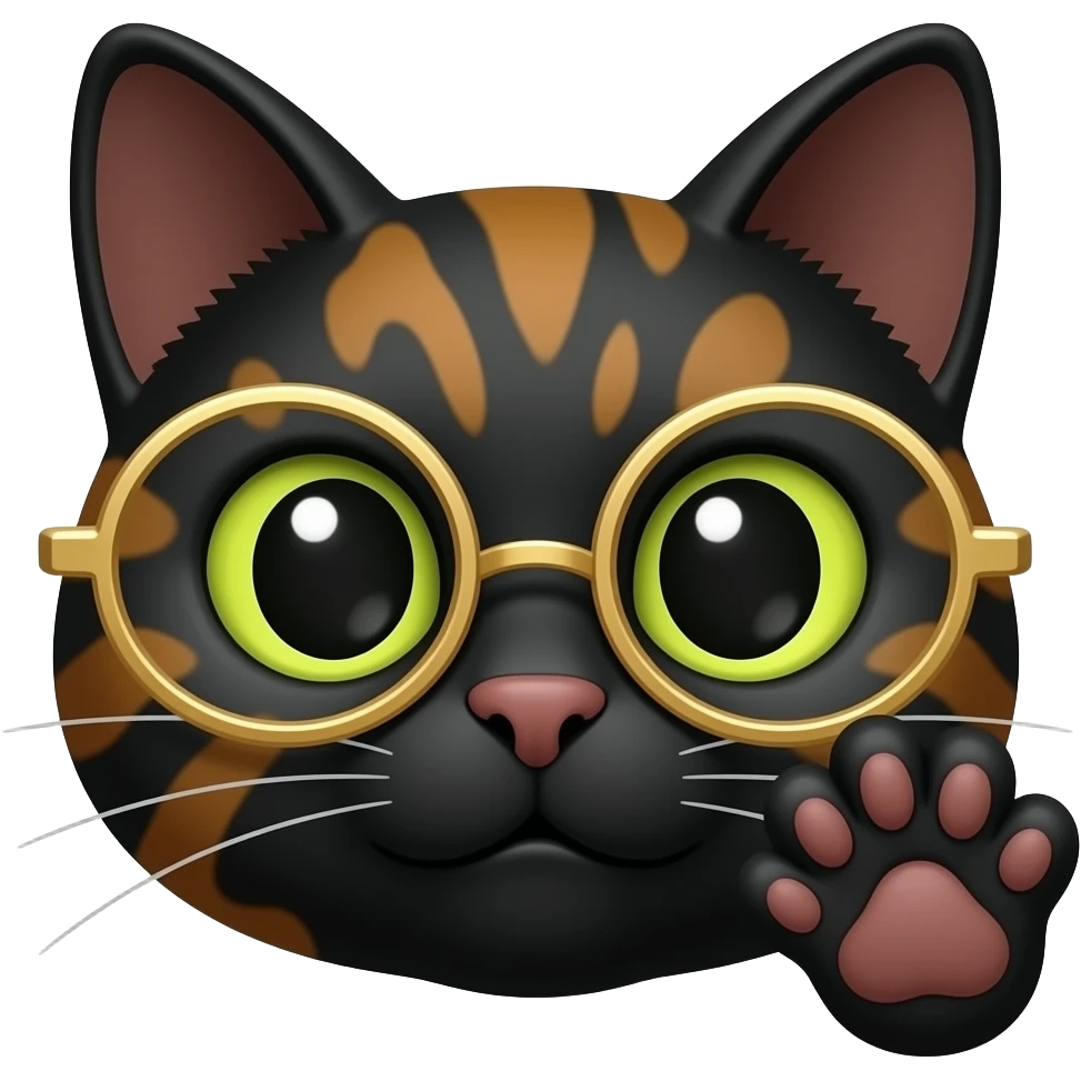 A black Tortoiseshell cat face emoji looking like an eager professor with round gold glassed and on paw up, with balm up . Only face and cat paw. emoji