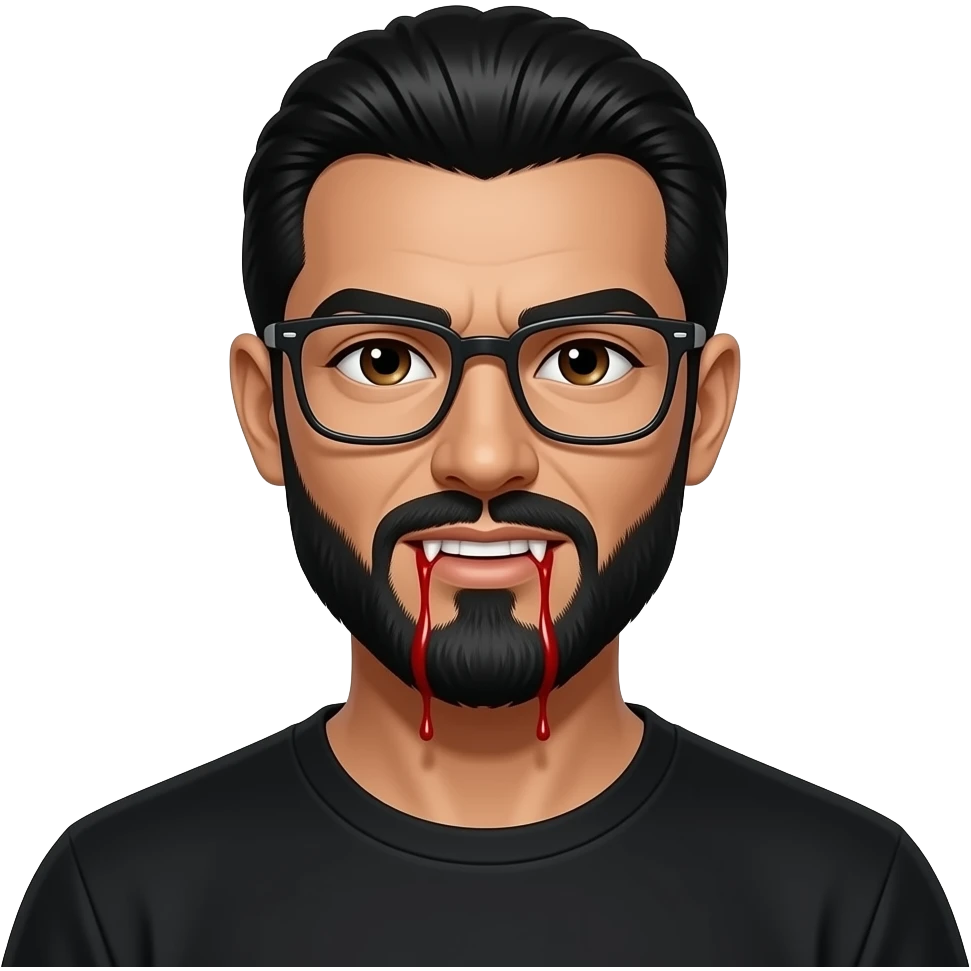 black slick back hair, tan skin, black beard, with square glasses, brown eyes, black tee shirt,  dracula teeth with blood dripping on both sides emoji
