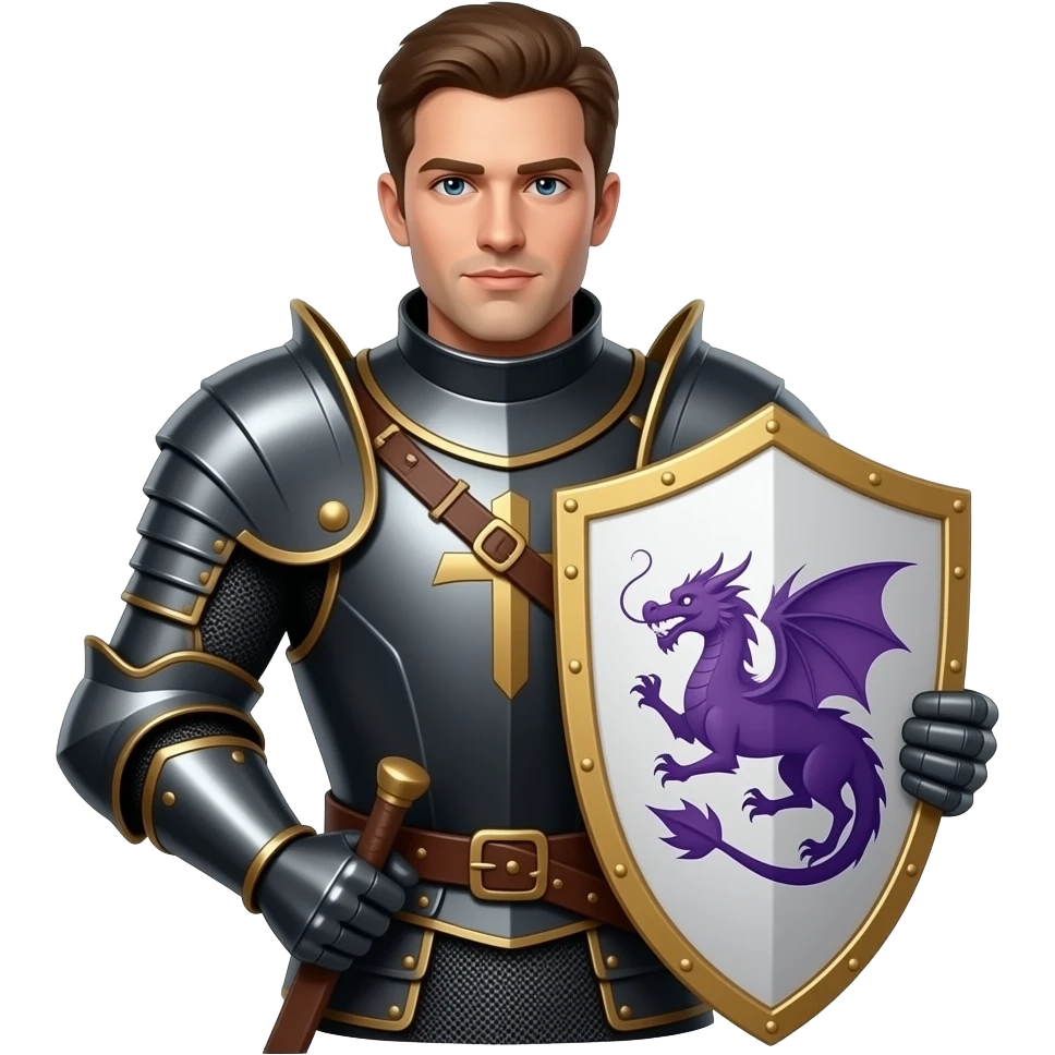 knight wearing black armor with brass trim, with a white shield with a purple dragon design on it emoji