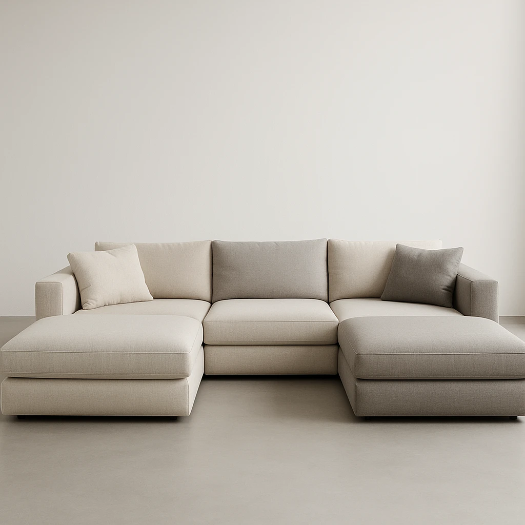 U-shaped sofa, modern design, neutral colors, minimal background emoji