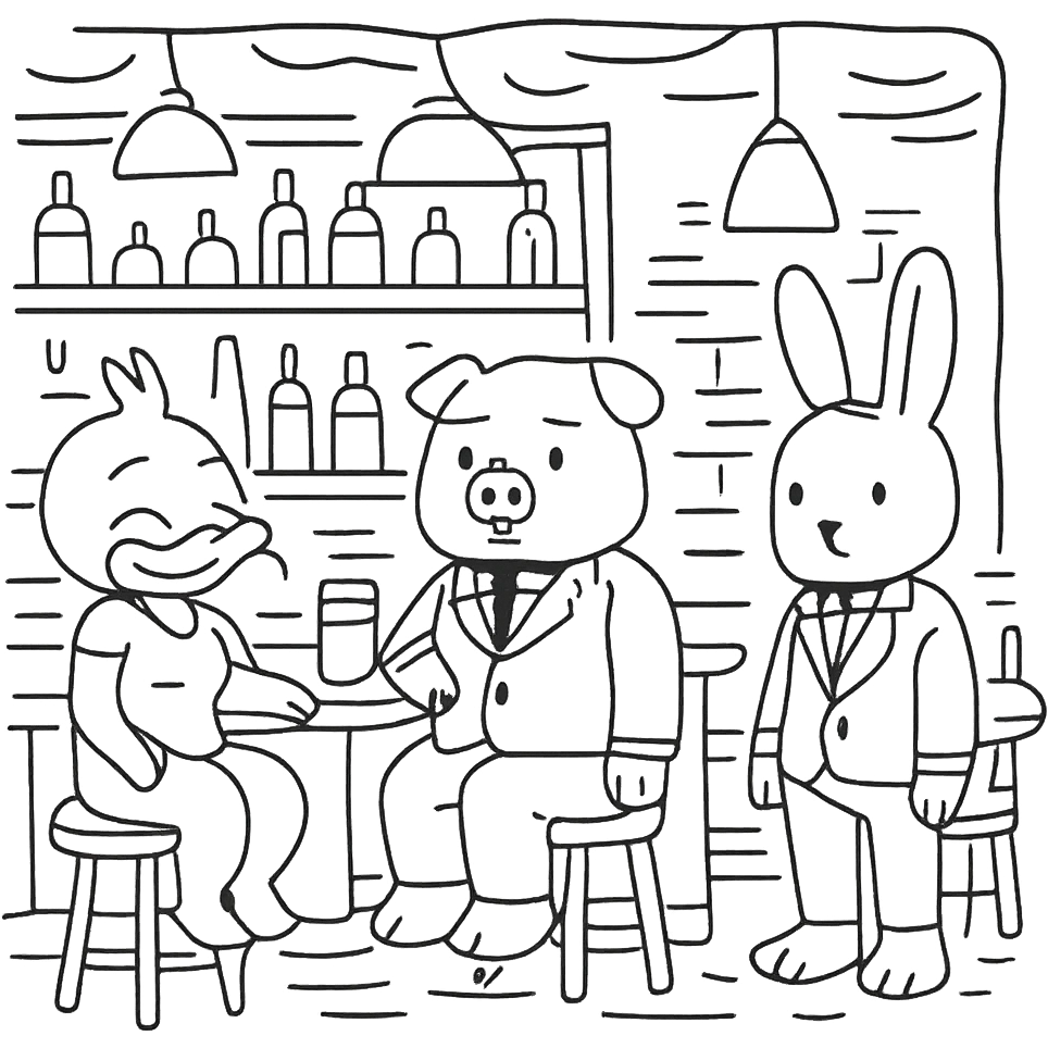 A cute bar scene for coloring featuring three characters: a duck, a pig, and a rabbit. The background is detailed with a counter, shelves with bottles, tables, chairs, lamps, and decorative details. The style is simple line art with no fill, ideal for children to color. emoji