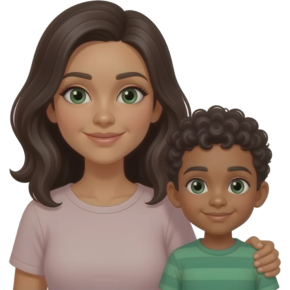 Mother with dark green eyes and son with  hair black curles emoji