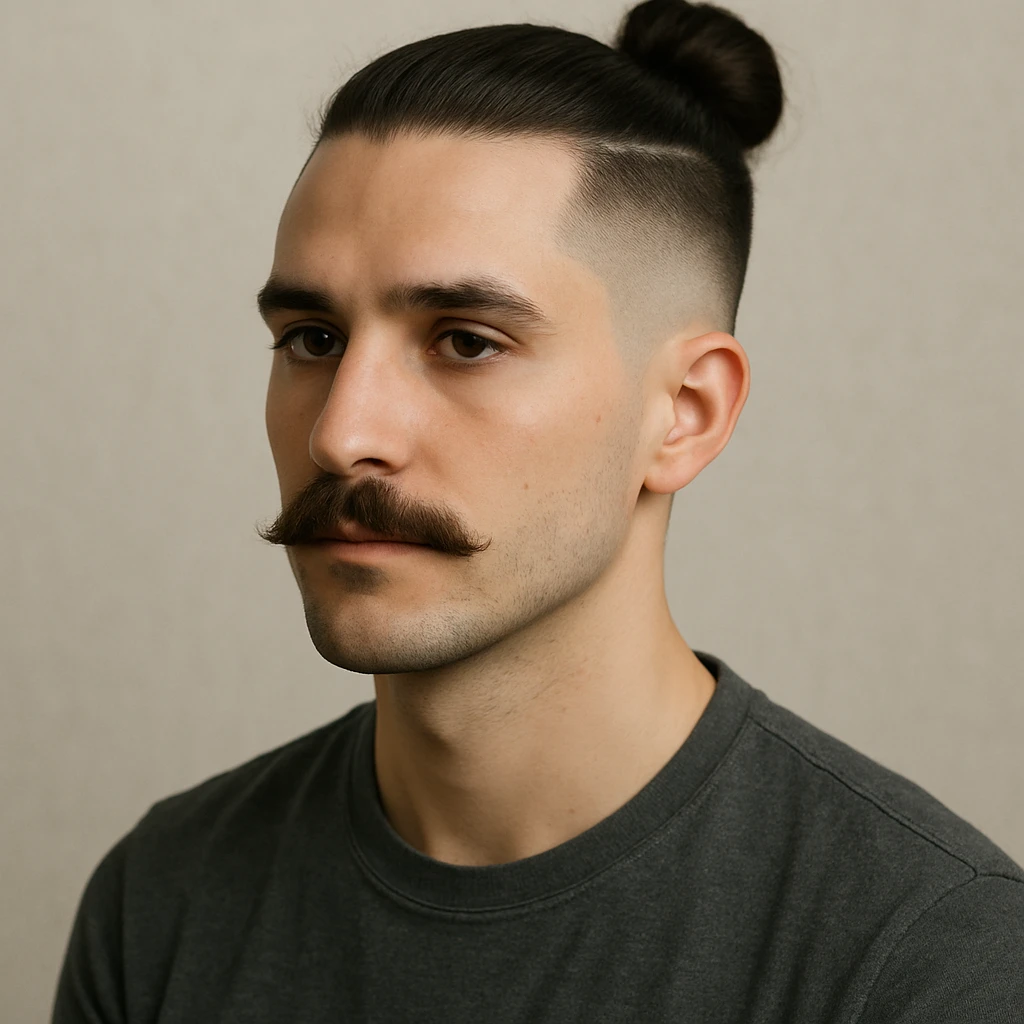 guy with a moustache and a man bun, low taper fade haircut, neutral background emoji