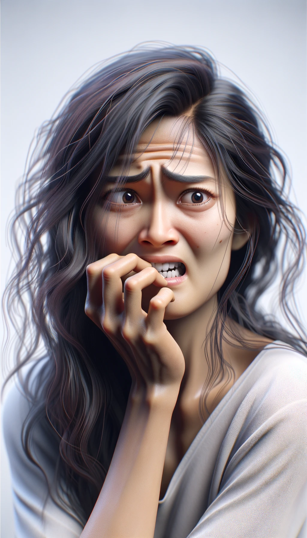 DONNA  che si mangia le unghie per il nervosismo, sfondo chiaro, iperrealistica 4k emoji