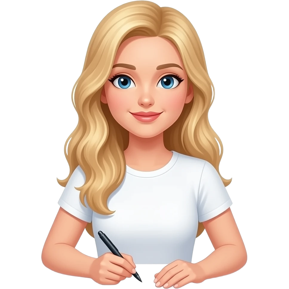 strawberry blonde fair skinned long hair woman in white tshirt writing emoji