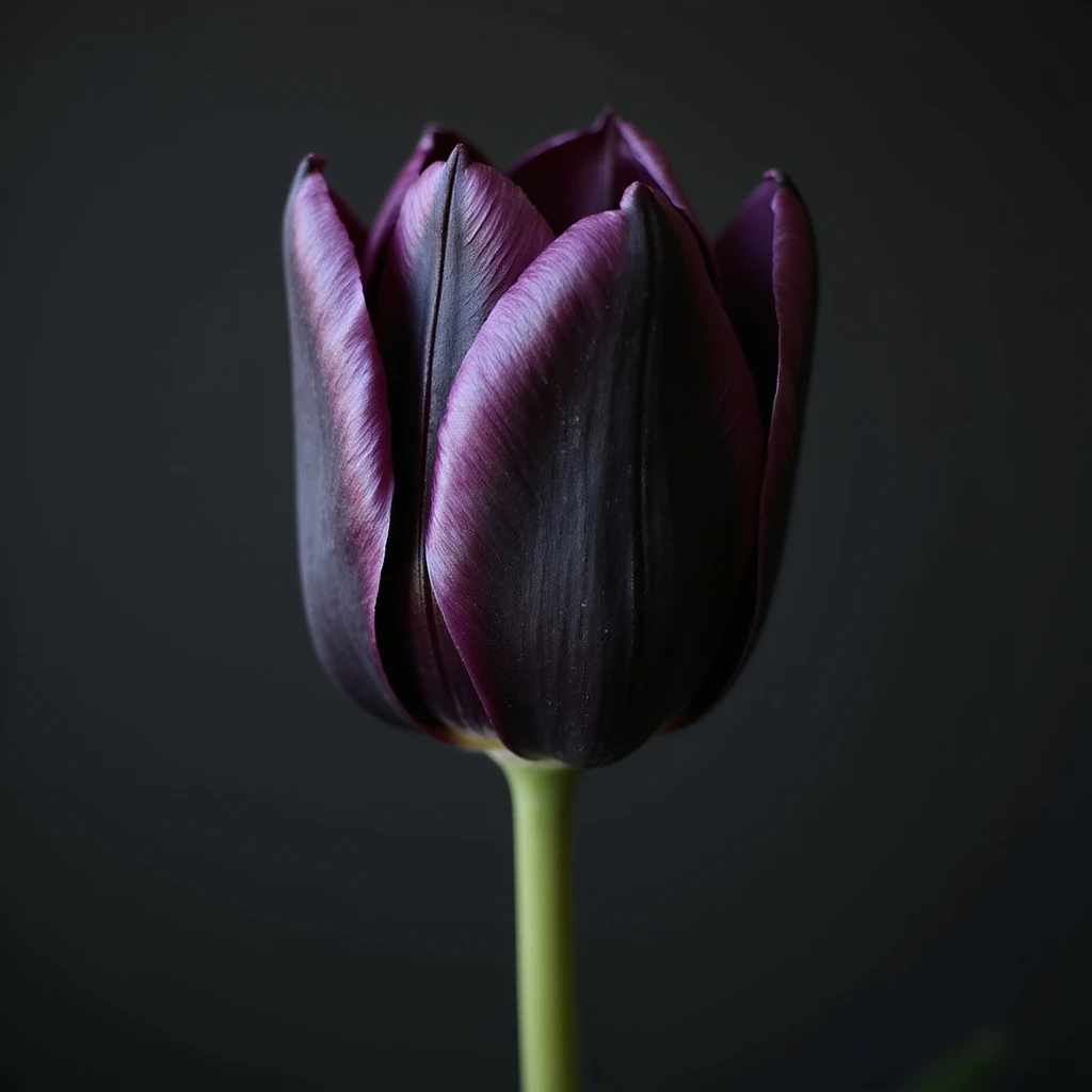 realistic goth tulip with black petals with purple highlights, photorealistic style emoji