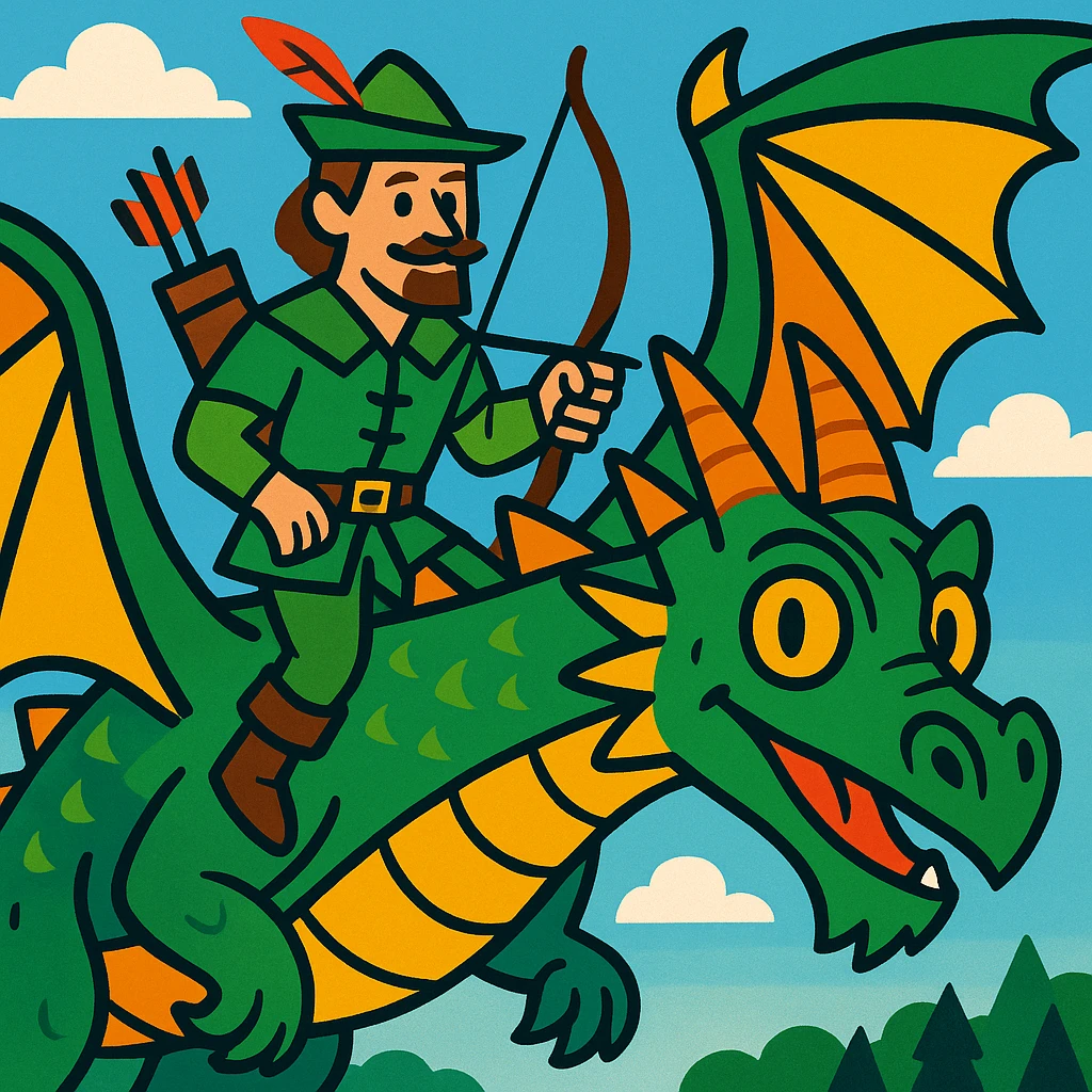 Robin Hood riding a dragon, vibrant and adventurous emoji