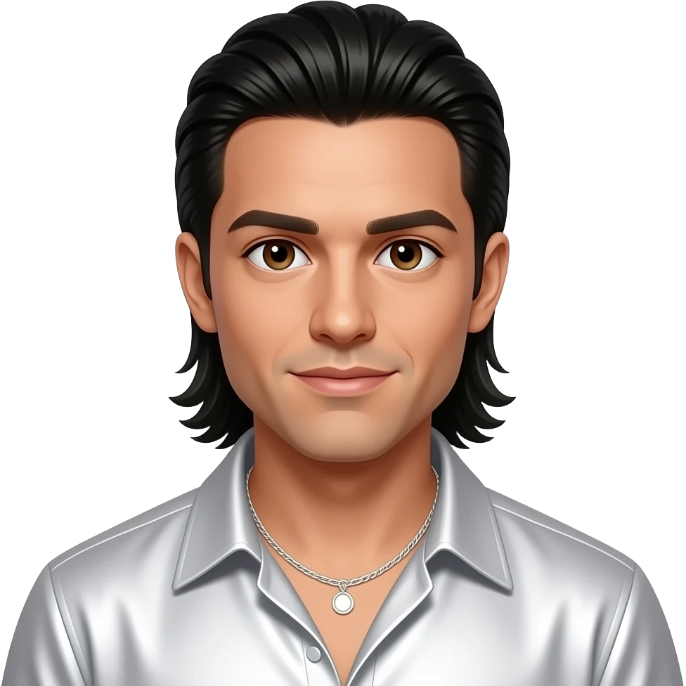 Howie Dorough from Backstreet Boys with brown eyes,long black 90s low ponytail hair, white metallic shirt, white necklace emoji