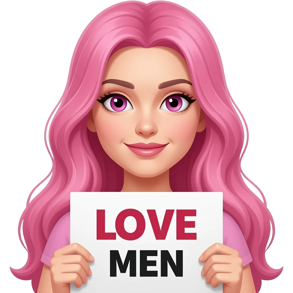 sexy girl with long pink hair and pink eyes holding a LOVE MASKED MEN sign emoji
