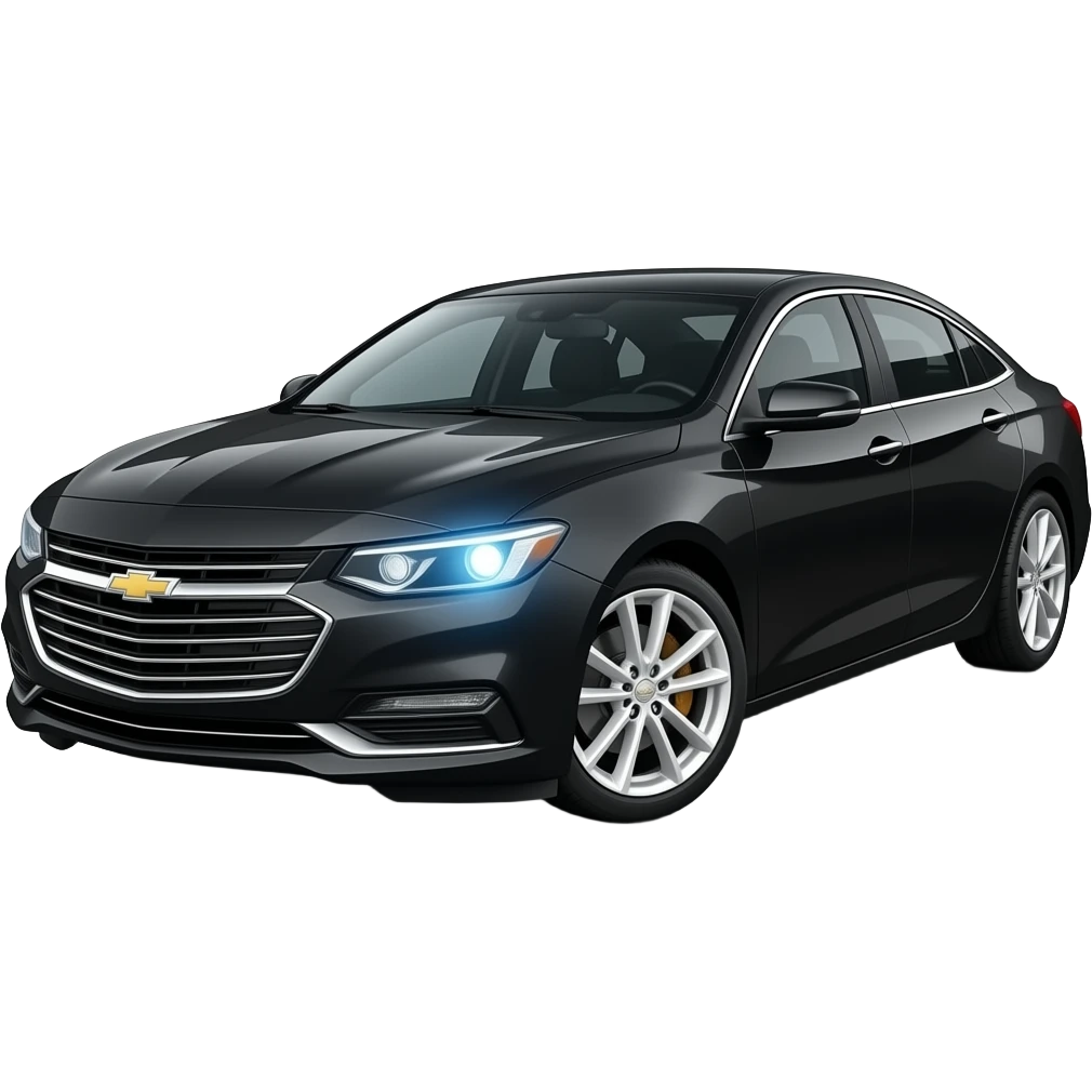 A realistic, high-detail photograph of a glossy black Chevrolet Malibu 2 Turbo Premier sedan with tinted windows, glowing white alloy rims, and bright LED headlights emitting a dinamic brighting glowing effect. emoji