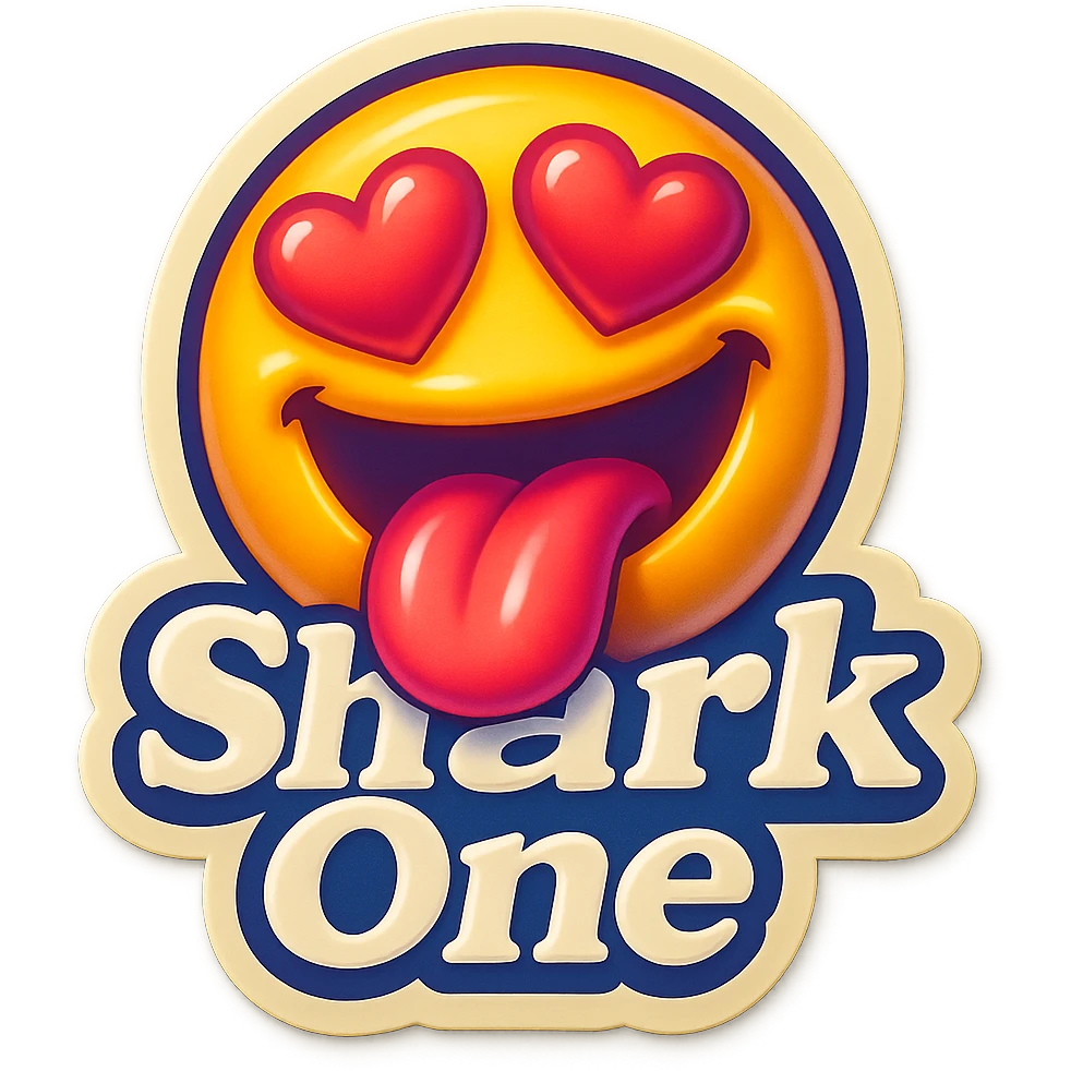 mouth open with tongue out heart shaped eye add the words “ Shark One " in White emoji