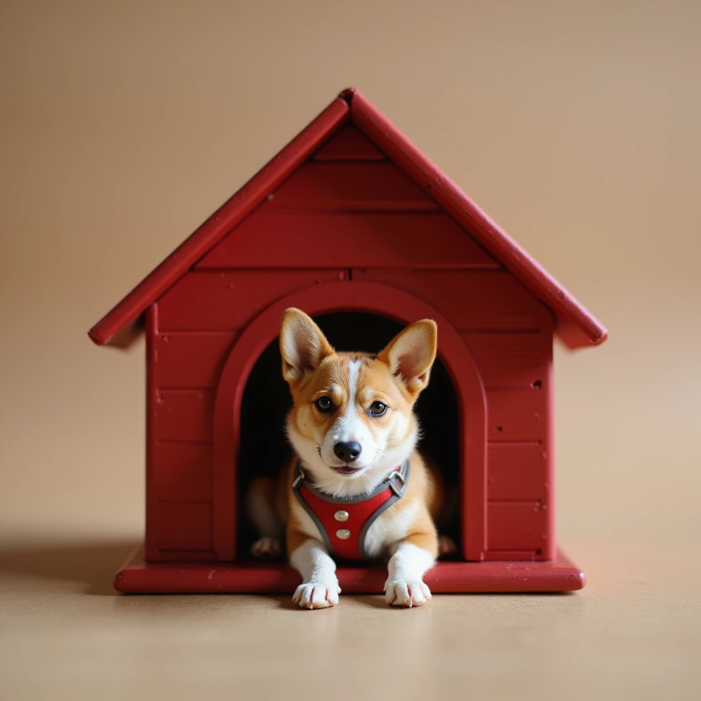 realistic red dog house with a Corgi dog inside, Corgi with a harness, photorealistic style emoji