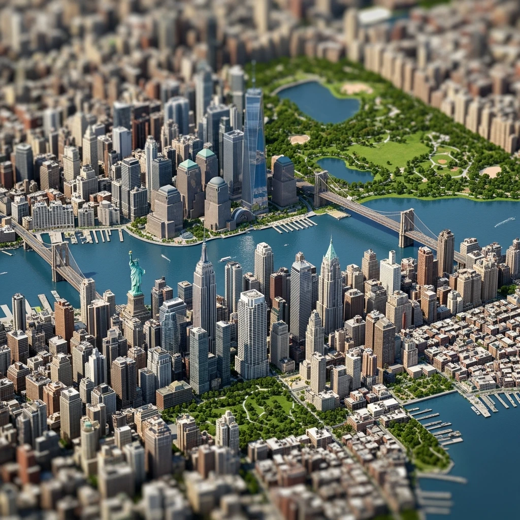 Isometric miniature of New York Сity Empire State Building, One World Trade Center, Statue of Liberty, Brooklyn Bridge, and Central Park chaotic low-rise blocks in outer boroughs 3D miniature effect and Tilt Shift effect, no cartoonish look, transparent background. emoji