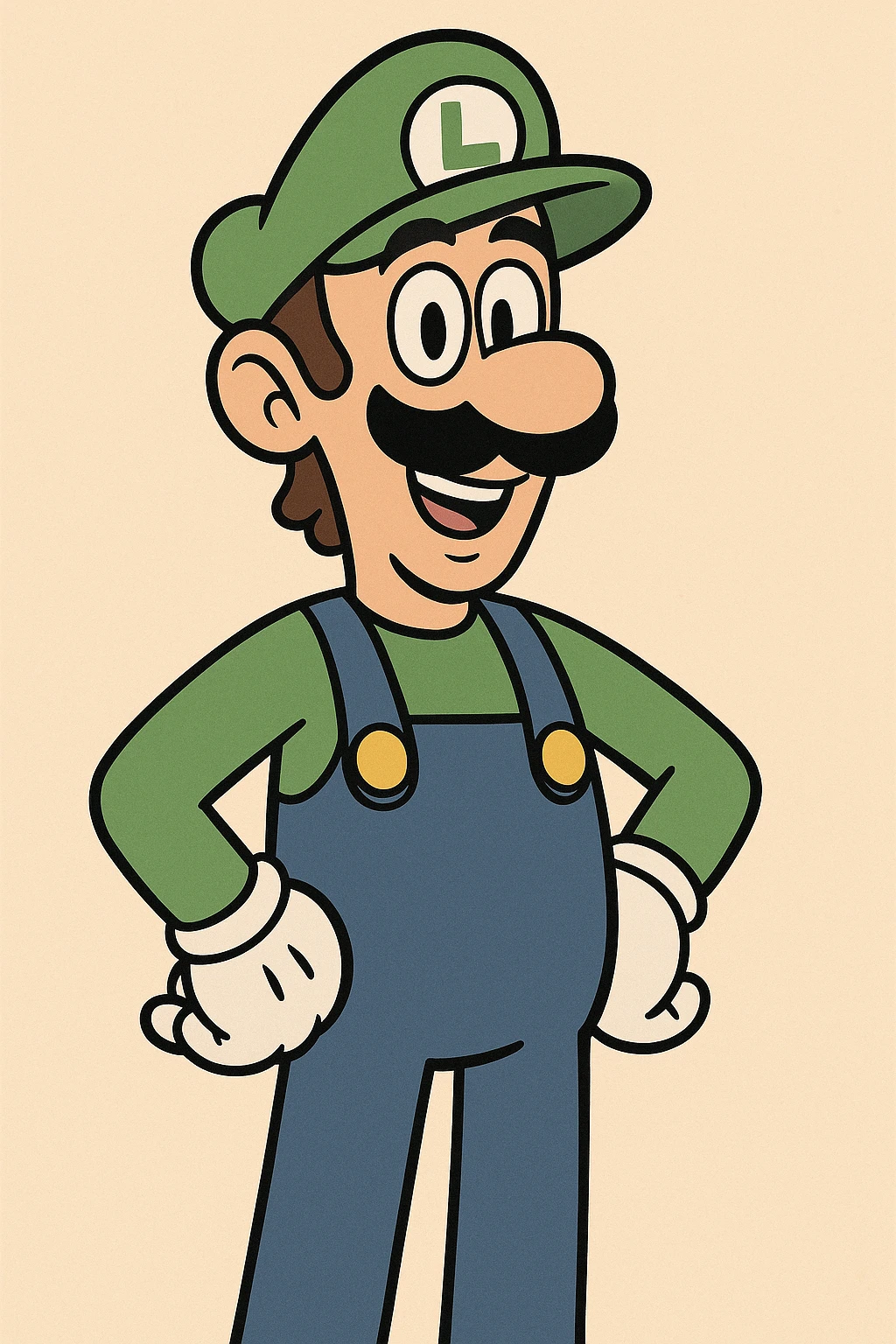Luigi from Mario & Luigi, classic video game look, green cap, blue overalls, white gloves, smiling, cartoon style emoji