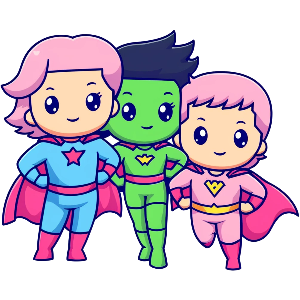 three cute superhero girls with powers - one in light blue costume, one in pink costume, and one in light green costume emoji