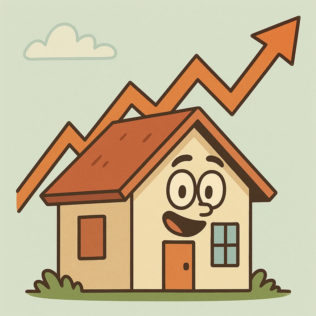 house with an upward trending graph, flat cartoon style emoji