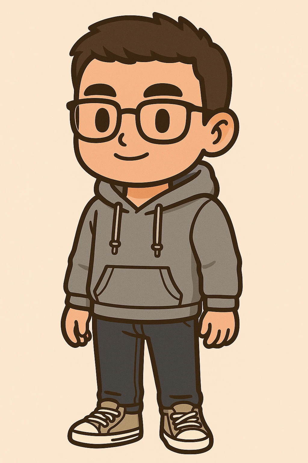 Full body illustration of a young, strong man with short dark hair and glasses, wearing a hoodie and All Star style sneakers. The style is cute, cartoon, and simplified like chibi stickers, showing the entire body including feet, with bold black lines and soft colors. emoji