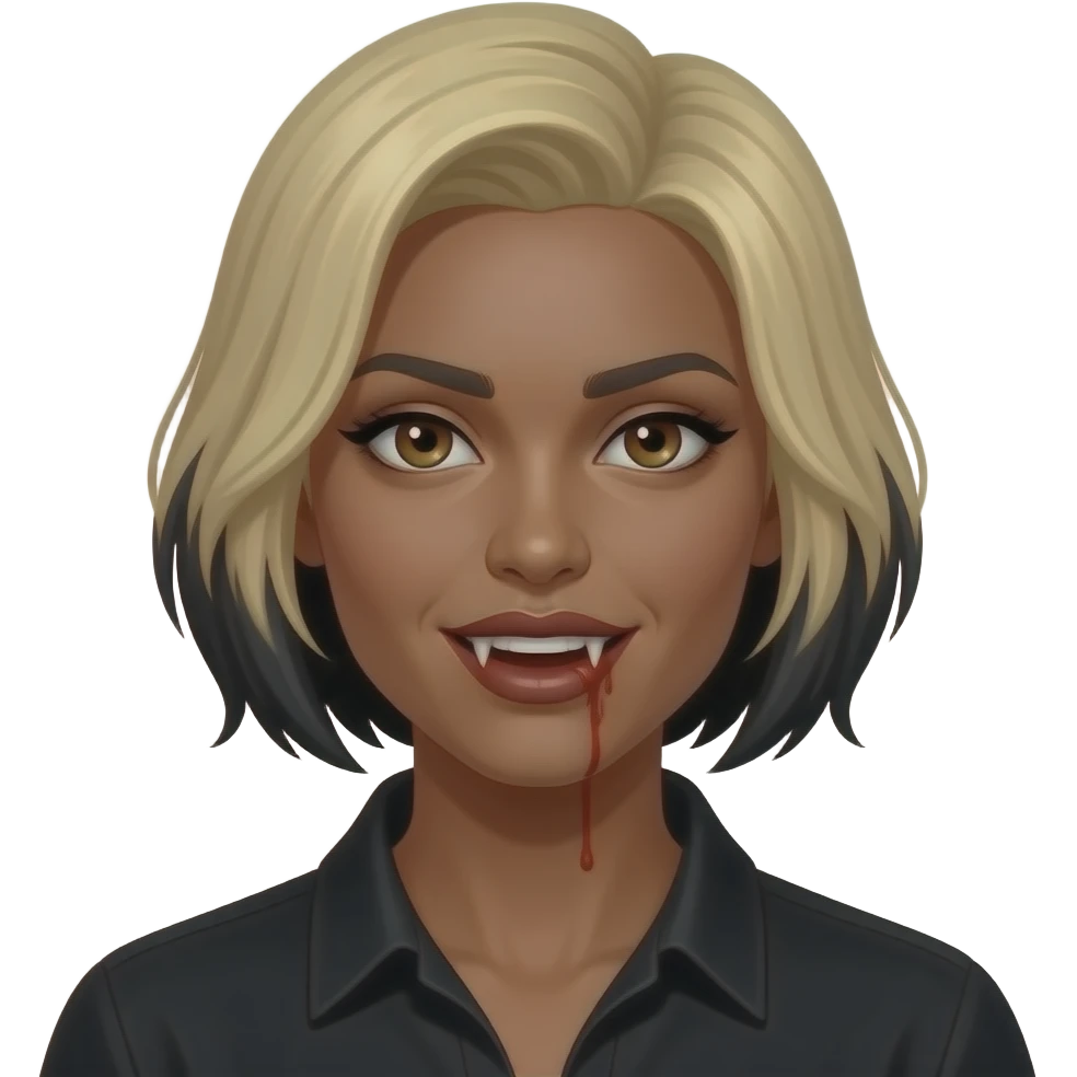 women blond medium short hair to the side with black roots, black skin, brown eyes, black shirt,  dracula teeth with blood on the fangs emoji
