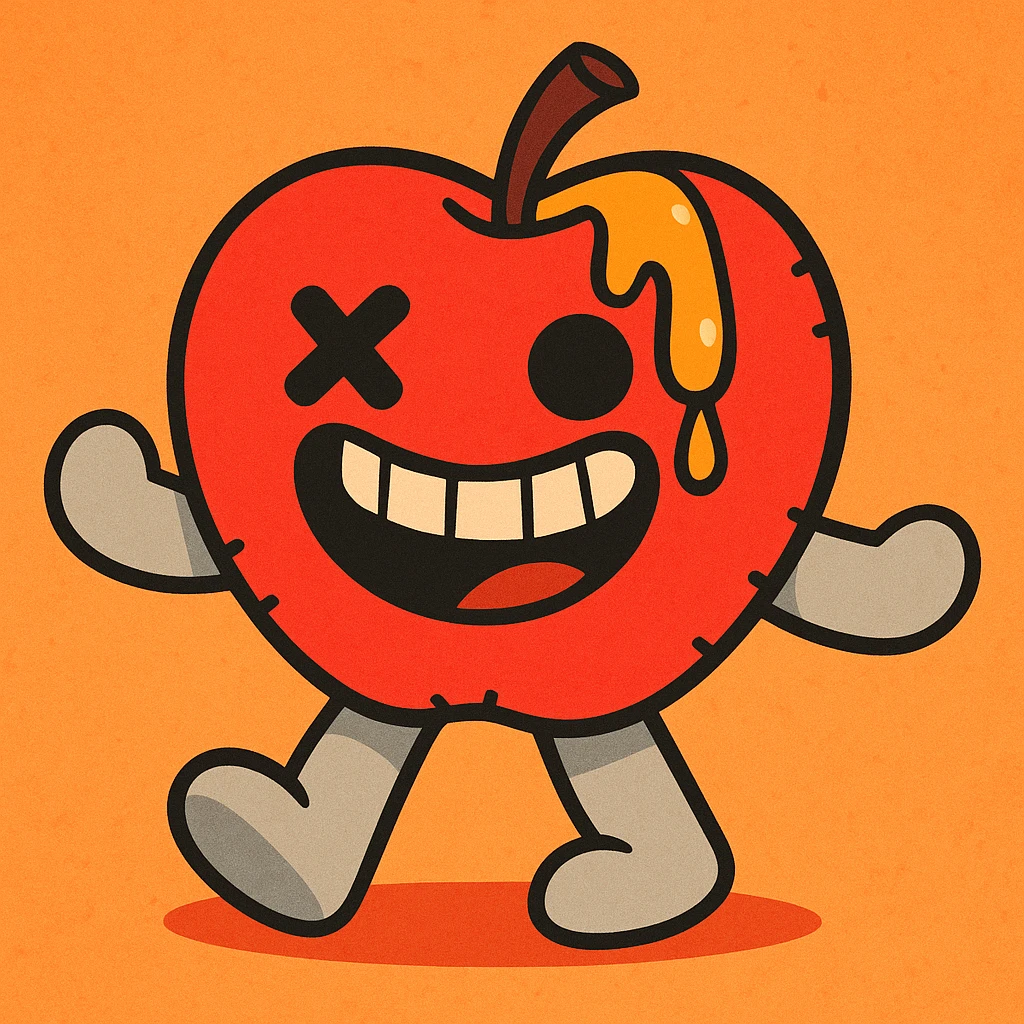 vibrant-toon style: plush apple character, soft light grey limbs, left eye replaced by stitched X, golden ichor oozing from stem, wide toothy grin, no leaf emoji