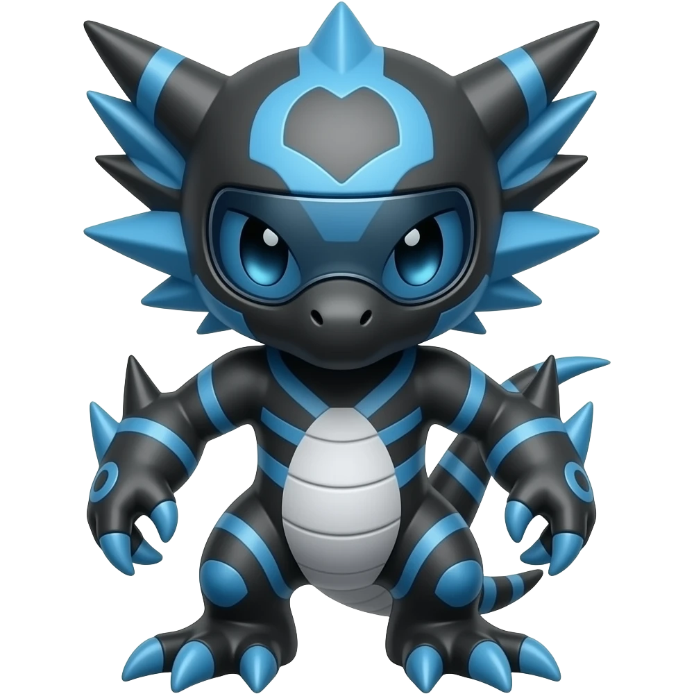 a black Genesect-Raptor-Fakémon—hybrid with a futuristic visor-helmet full bodya black-blue Genesect-Raptor-Fakémon—hybrid with a futuristic visor-helmet full body emoji