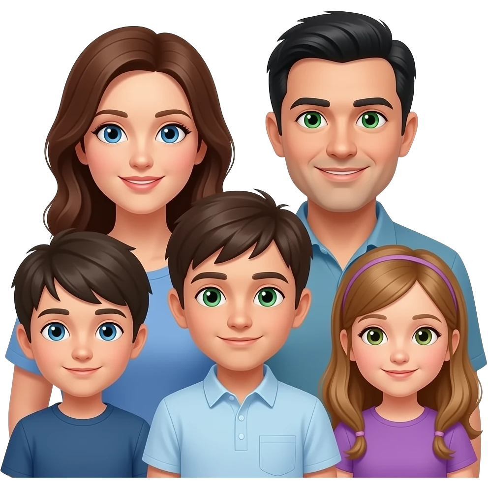 family of 6 white people (mother has blue eyes, all with brown hair other than father with black hair and green eyes) with 4 kids: 1 oldest brother green eyes, 2nd brother green eyes, 3rd brother is 15 with blue eyes, and daughter is 10 with light brown hair green eyes. emoji