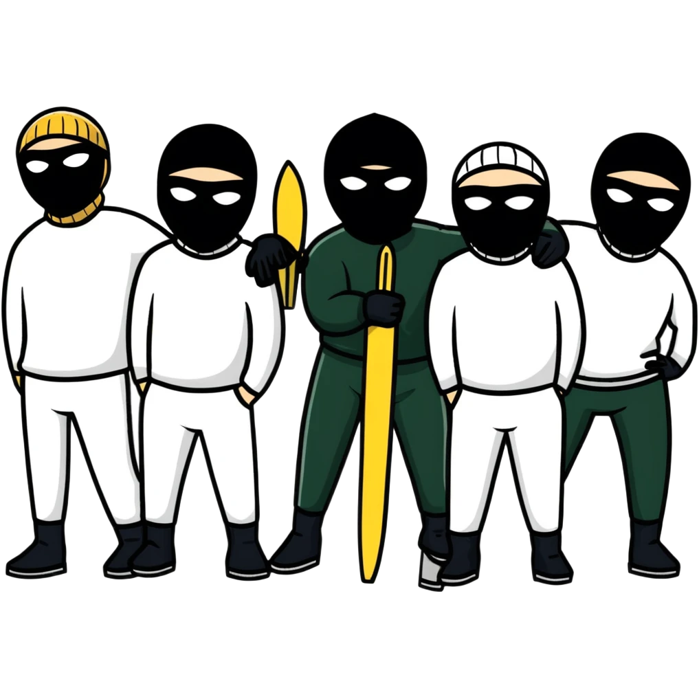group of men posing together, some wearing black ski masks emoji