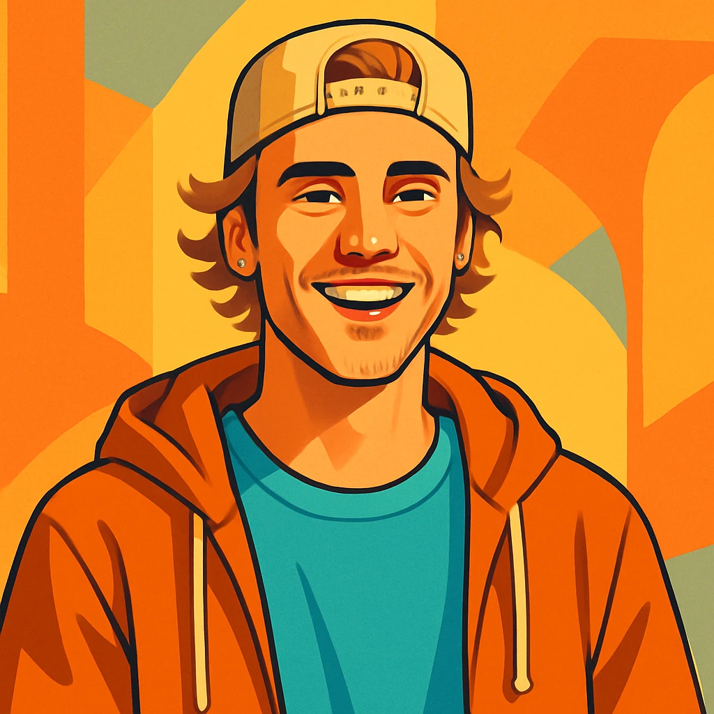 Justin Bieber illustration, casual outfit, smiling, soft lighting, friendly vibe emoji