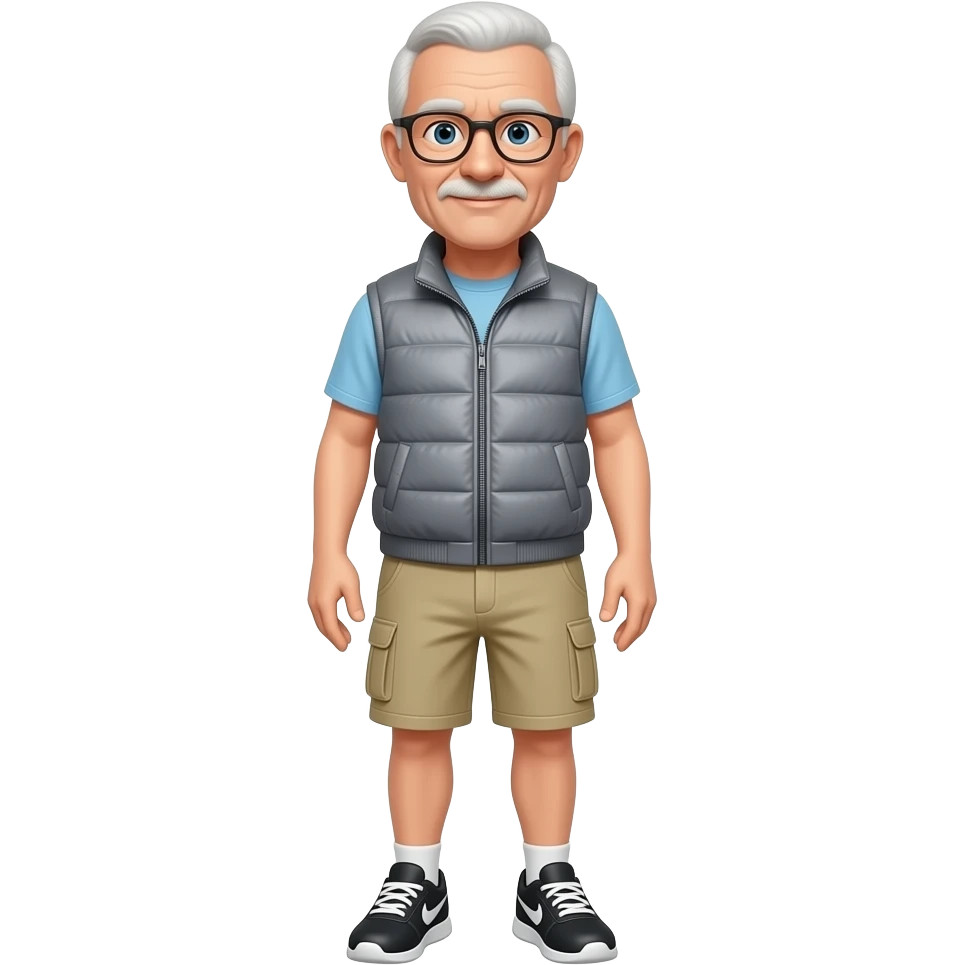 older bald white man with thin framed glasses, a sweatervest, beige cargo shorts and black running shoes emoji