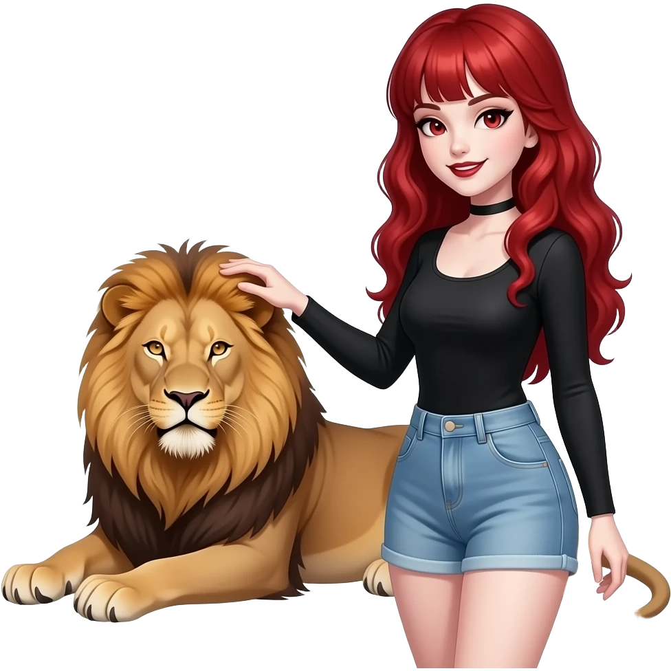 Vampiro femmina con pelle bianca capelli lunghi  rossi ondulati e la frangetta che indossa jeans chiari corti e un top nero con maniche lunghe che sta accarezzando un leone sdraiato emoji