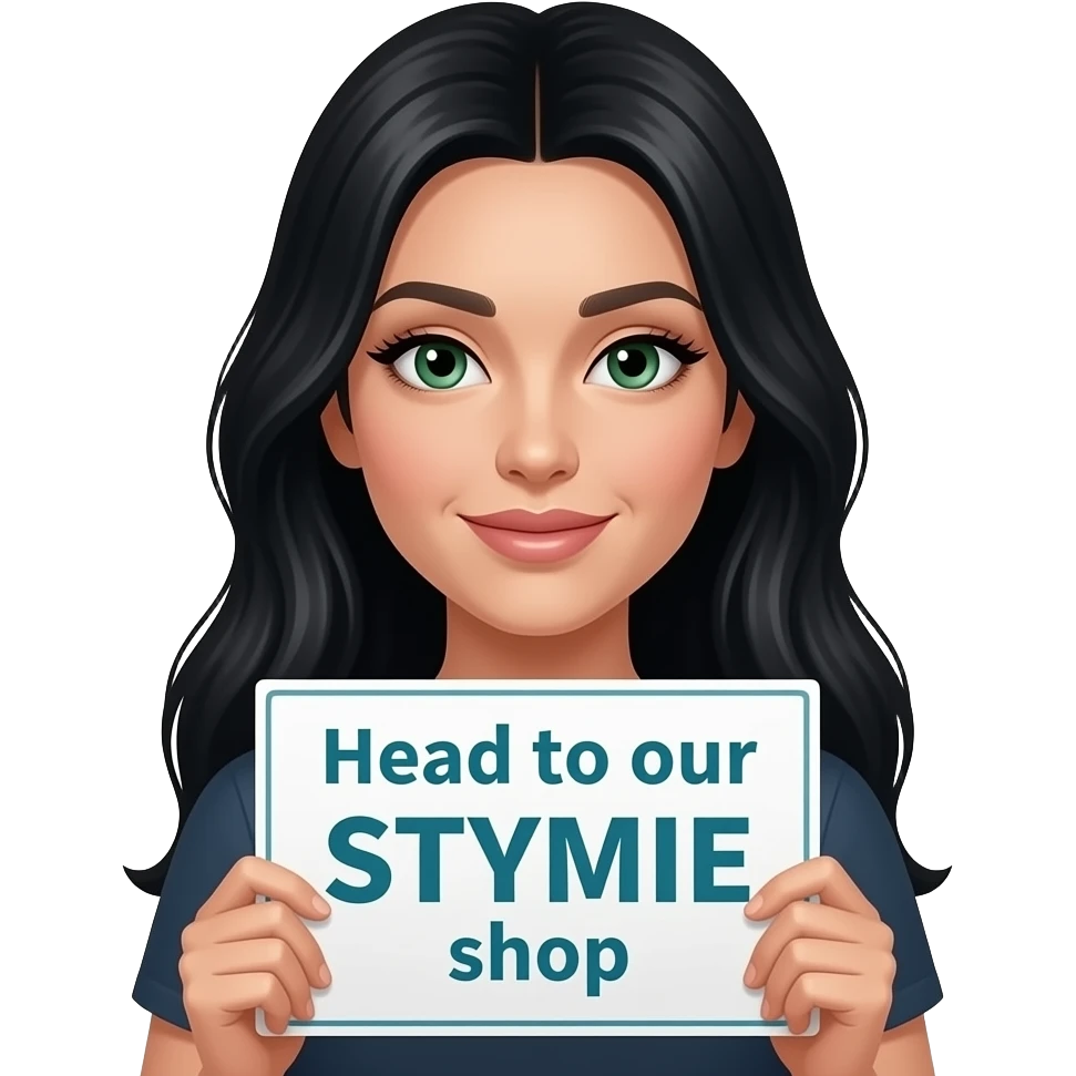 A beautiful woman with long black hair and green eyes and pale skin and long eyelashes holding a sign saying “Head to our STYMIE shop” emoji