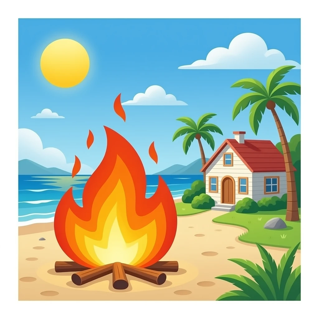 Fire on the beach near house emoji