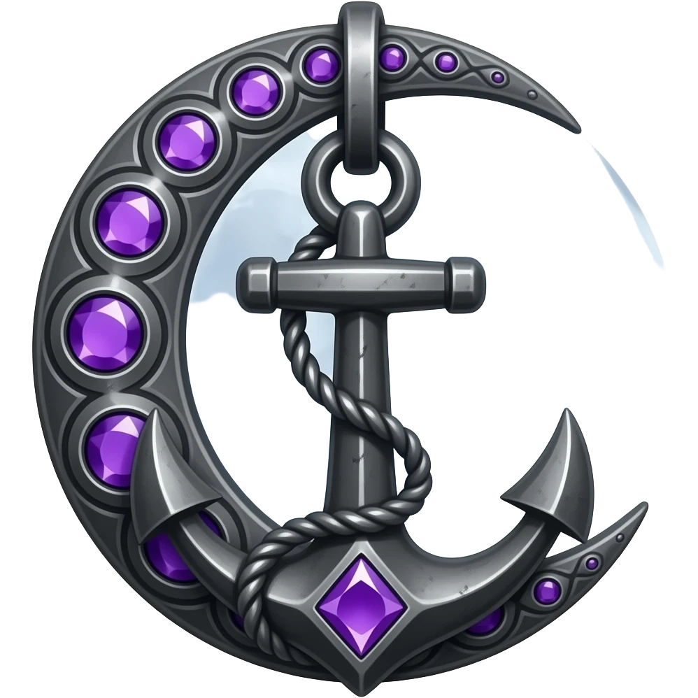 „crescent moon and anchor pendant, dark metal, violet gemstones, soft moonlit glow, high detail, no characters“ emoji