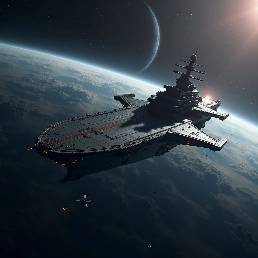 a massive space supercarrier cruiser, cinematic, planetfall, deep in space, sci-fi emoji