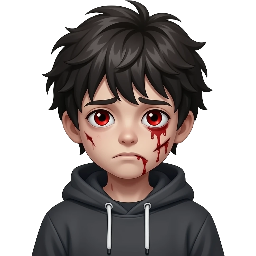 centered emoji zombie boy, messy dark hair, tired expression, blood under eyes, red eyes, hoodie, black background emoji