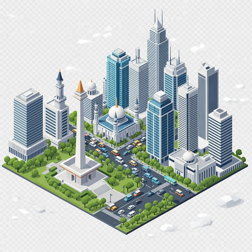 Isometric minimalistic illustration of Jakarta Monas (National Monument), Istiqlal Mosque, skyscrapers of Sudirman CBD, bustling streets with traffic and tuk-tuks, subtle 3D miniature effect and Tilt Shift effect, no cartoonish look, transparent background. emoji