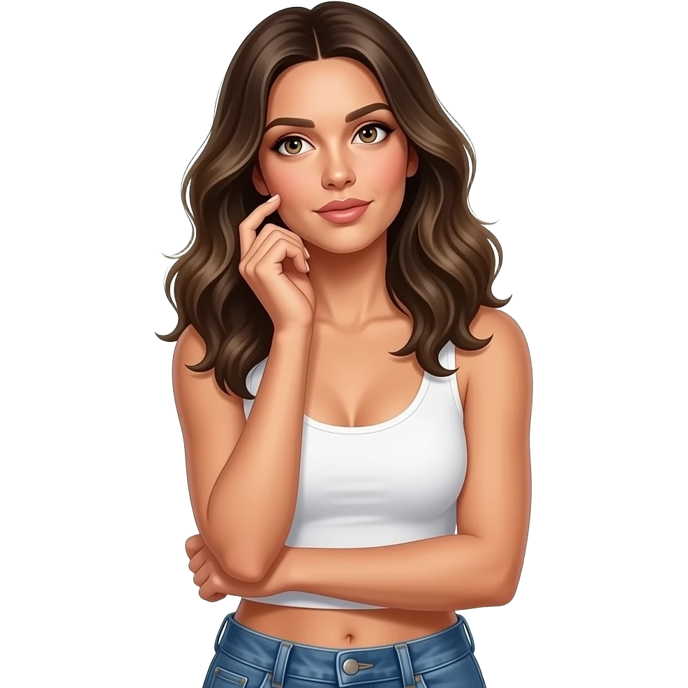 Adriana Lima looking woman that is wearing white crop top and jeans and has dark blonde hair and hazel eyes and is thinking and has one hand on her cheek and looking up she needs to look sexy and looks like a real person and not like AI emoji