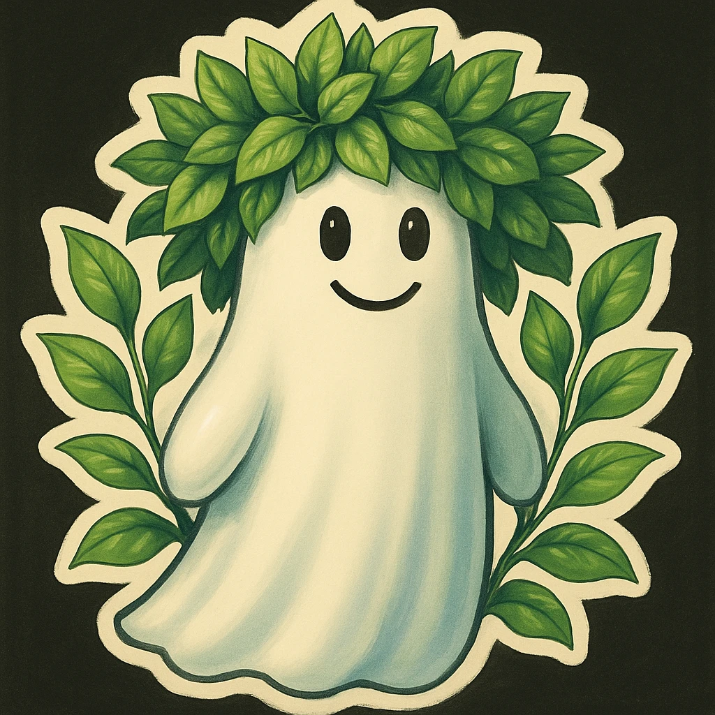 Make the leafy wreath on the ghost's head denser with more leaves close together, matching the original illustration style and colors. Keep the ghost and background unchanged, only make the crown fuller and less sparse. emoji