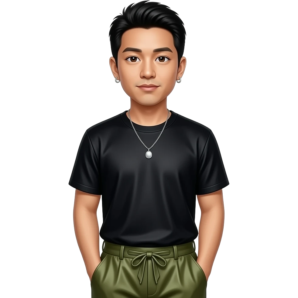 Mike Shinoda with brown eyes, black hair, black silk t-shirt, olive silk baggy pants, necklace and earrings emoji